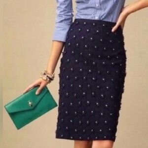 Talbots Pencil Skirt 3D Flowers Gold Bead Navy Blue Lined Lace- 6 Petite